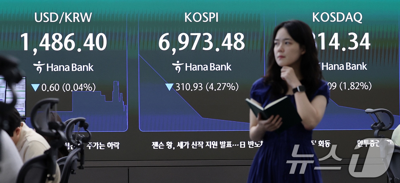 16일 서울 중구 하나은행 딜링룸 전광판에 코스피 등 시황이 표시되고 있다 2026.7.16 ⓒ 뉴스1 박지혜 기자