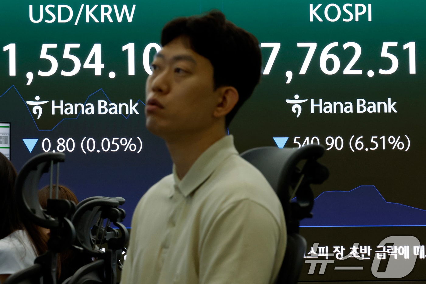 2일 오전 서울 중구 하나은행 본점 딜링룸 전광판에 코스피 등 시황이 표시되고 있다. 2026.7.2 ⓒ 뉴스1 박정호 기자