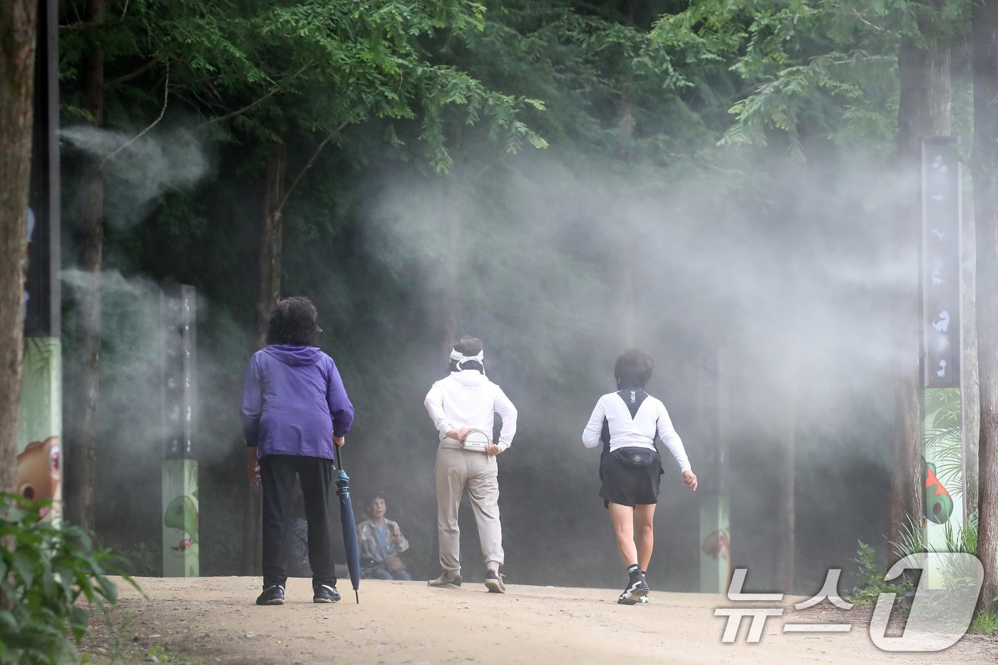장마가 소강상태로 접어들고 다시 무더위가 찾아온 2일 오후 대구 남구 앞산 고산골에서 시민들이 쿨링포그(안개형 냉각수) 장치가 가동된 등산로를 걷고 있다. 2026.7.2 ⓒ 뉴스1 공정식 기자