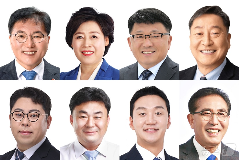 제주특별자치도의회 상임위원장단. (윗줄 왼쪽부터) 하성용 의회운영위원장, 이경심 행정자치위원장, 이경철 보건복지안전위원장, 양홍식 환경도시위원장, (아랫줄 왼쪽부터) 한동수 문화관광체육위원장, 강충룡 농수축위원장, 김기환 미래경제산업위원장, 강동우 교육위원장. 2026.7.2/뉴스1