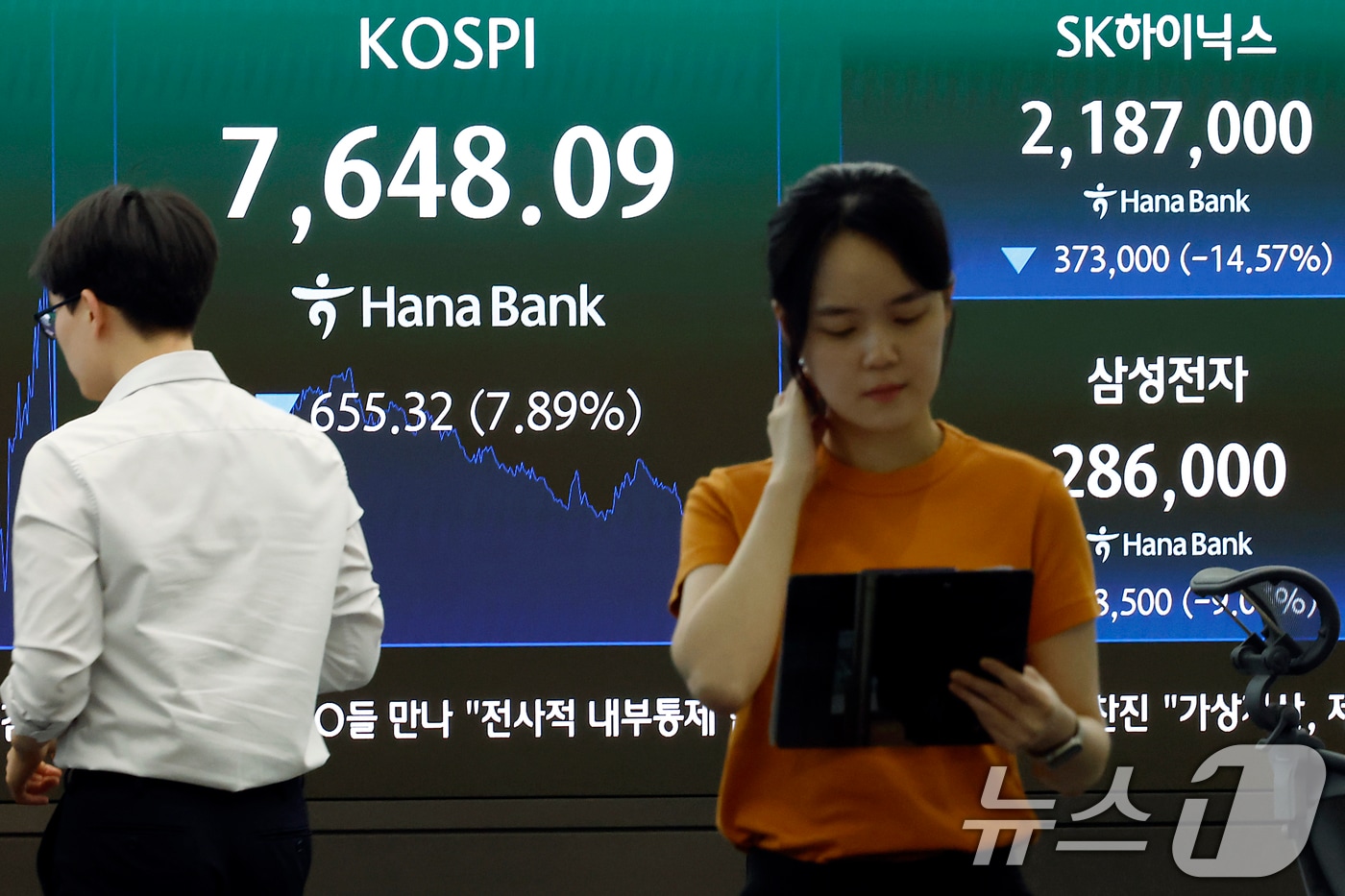 2일 오후 서울시 중구 하나은행 본점 딜링룸 전광판에 코스피 등 종가가 표시되고 있다. 이날 코스피는 전 거래일 대비 655.32p(7.89%) 하락한 7648.09, 코스닥은 62.63p(6.74%) 내린 866.72, 서울외환시장에서 달러·원 환율은 전일 오후 3시 30분 주간종가 보다 0.9원 오른 1555.8원을 기록했다. 2026.7.2 ⓒ 뉴스1 박정호 기자