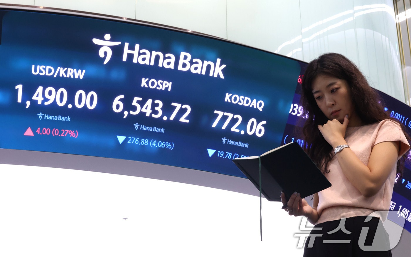 코스피 지수가 급락 출발한 20일 오전 서울 중구 하나은행 딜링룸 현황판에 전장대비 276.88포인트(4.06%)하락한 6,543.72를 나타내고 있다. 2026.7.20 ⓒ 뉴스1 이광호 기자