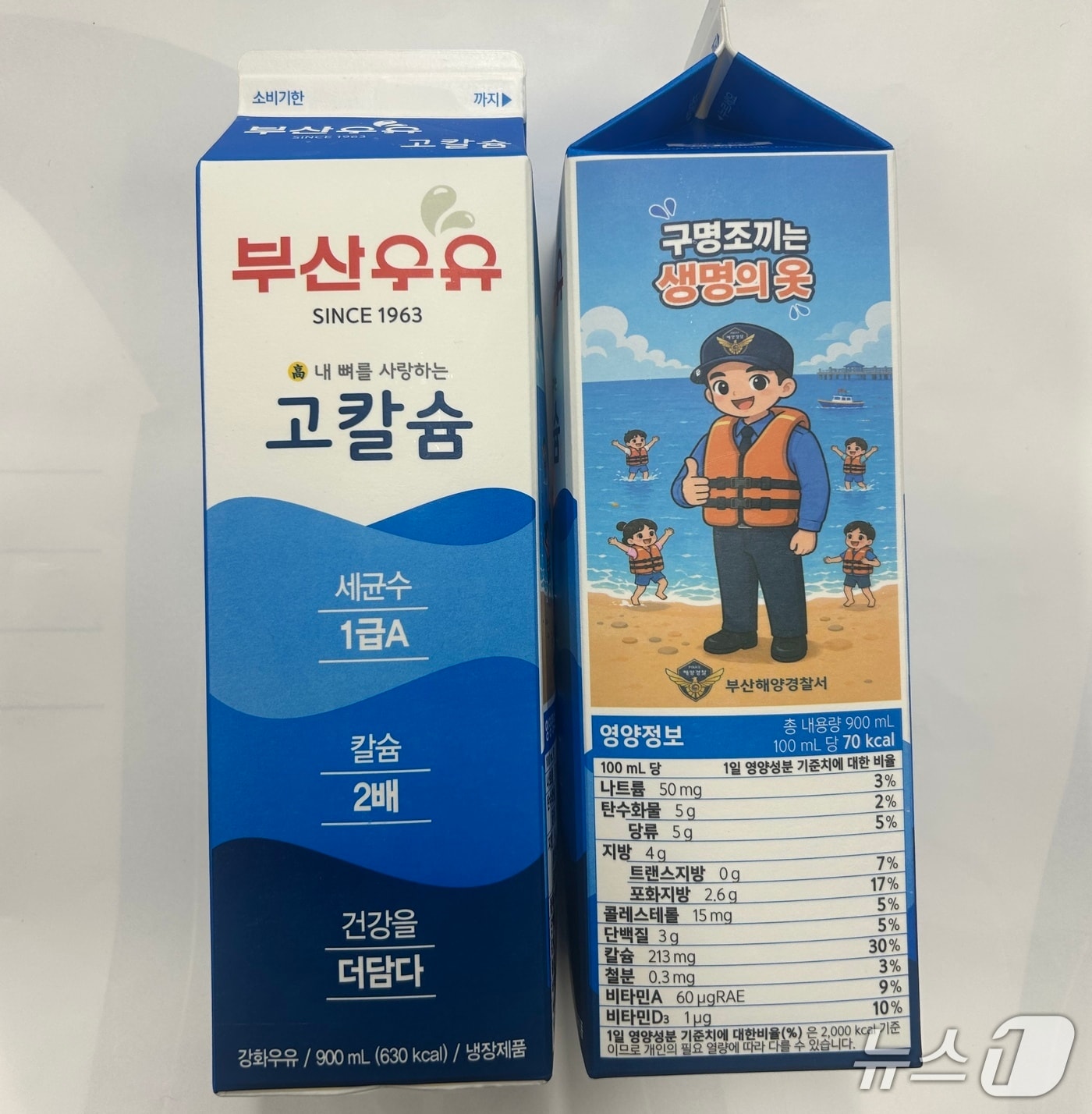 부산우유 고칼슘 우유 제품에 구명조끼 입기 캠페인 포스터가 삽입된 모습 (해경 제공. 재판매 및 DB금지)