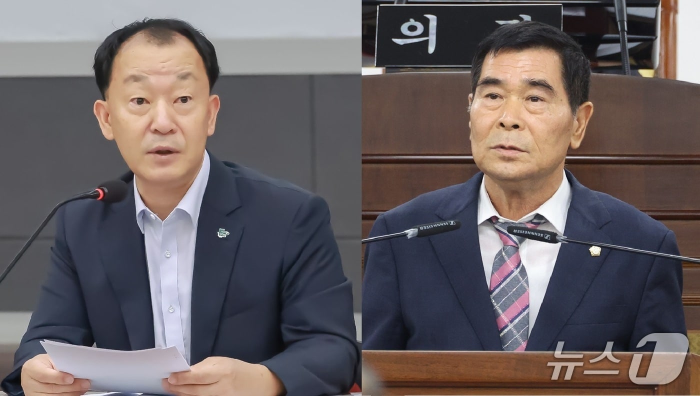 20일 산청군 대회의실에서 간부 회의를 진행 중인 유명현 산청군수(왼쪽)와 산청군의회에서 발언 중인 안천원 산청군의회 의장(산청군·의회 제공. 재판매 및 DB금지).