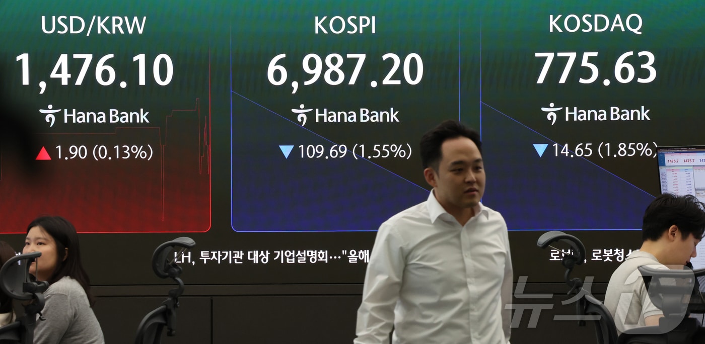 24일 서울 중구 하나은행 본점 딜링룸 전광판에 개장 시황이 나오고 있다. 2026.6.26 ⓒ 뉴스1 김진환 기자