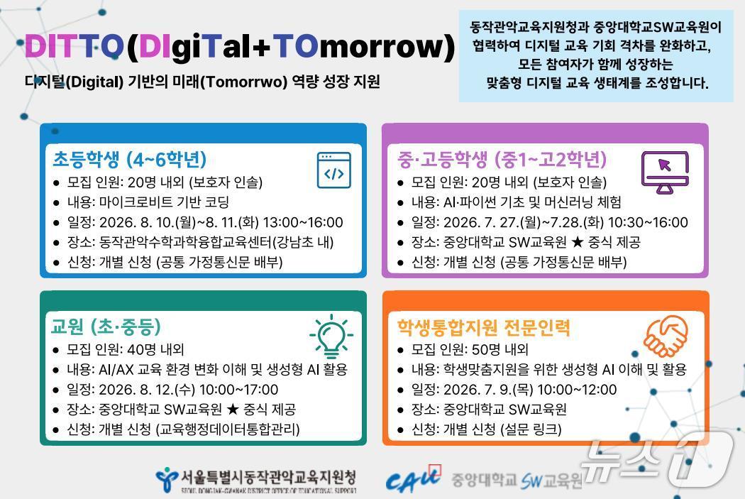동작관악교육지원청은 중앙대학교 SW교육원과 협력해 학생과 교원을 대상으로 '2026 지역 연계 AI·디지털 성장 프로젝트'를 진행한다.(서울시교육청 제공)