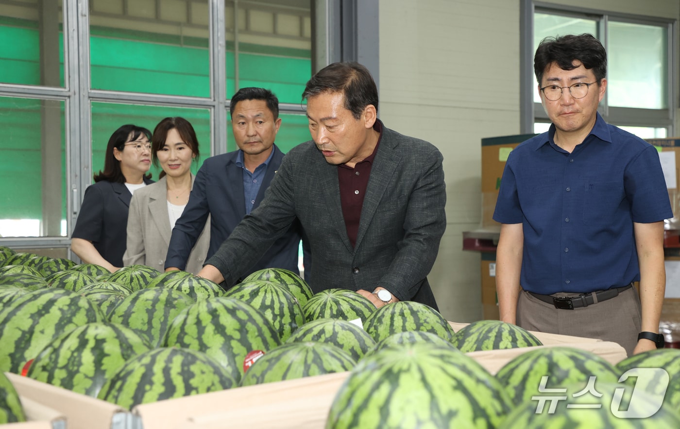 27일 전춘성 전북 진안군수가 농특산물 산지유통센터(APC) 수박 선별장을 방문해 출하 상황을 점검하고 있다.(진안군제공. 재판매 및 DB금지)2026.7.27/뉴스1