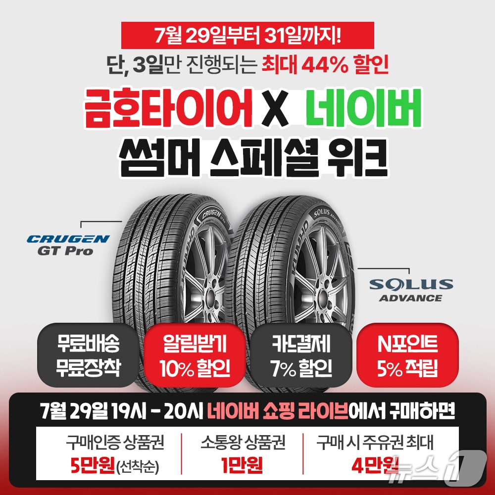 금호타이어는 29일 오후 7시부터 8시까지 네이버 라이브커머스를 통해 프리미엄 타이어 할인 행사와 고객 참여 이벤트를 진행한다고 밝혔다.