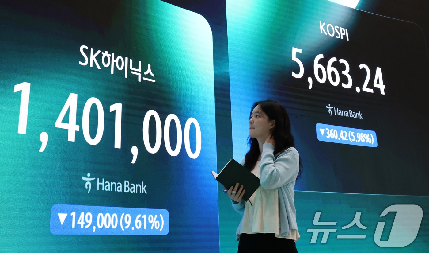 2거래일 연속으로 코스피, 코스닥 시장에 서킷브레이커가 발동한 29일 서울 중구 하나은행 본점 딜링룸 전광판에 코스피 및 SK하이닉스 종가가 표시되어 있다.  2026.7.29 ⓒ 뉴스1 최지환 기자