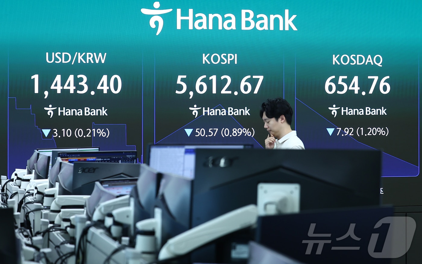 코스피가 5600선에서 소폭 상승 출발했다가 곧바로 하락 전환한 30일 오전 서울 중구 하나은행 본점 딜링룸에 개장 시황이 나오고 있다. 2026.7.30 ⓒ 뉴스1 김민지 기자