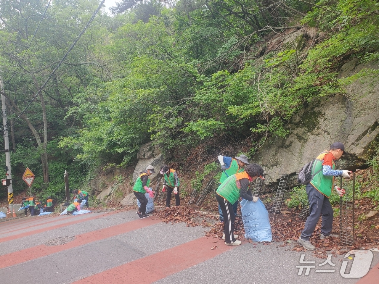 울산 동구 자율방재단이 새납마을 진입로 일원 배수로를 정비하고 있다.(울산 동구 제공. 재판매 및 DB금지)/뉴스1