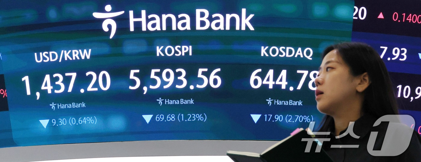 30일 서울 중구 하나은행 딜링룸 전광판. (자료사진) 2026.7.30 ⓒ 뉴스1 임세영 기자