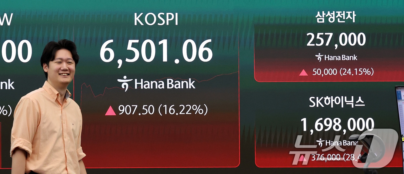 코스피가 장중 6500선을 돌파한 31일 서울 중구 하나은행 딜링룸 전광판에 코스피 지수가 나타나고 있다.2026.7.31 ⓒ 뉴스1 박지혜 기자