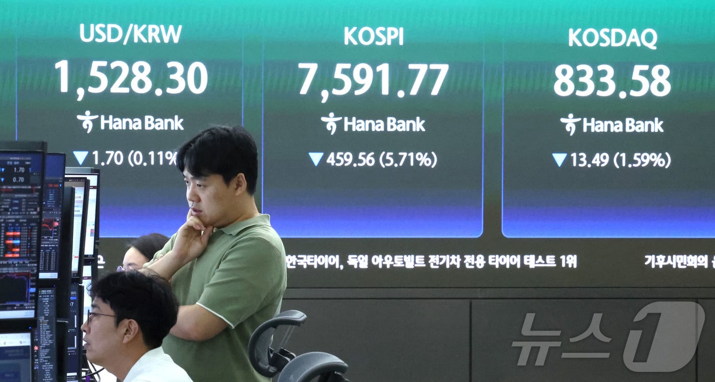 7일 오전 서울 중구 하나은행 딜링룸 전광판에 코스피와 코스닥 지수, 원달러 환율이 표시되고 있다. 이날 코스피는 장중 5% 넘게 급락하면서 유가증권시장 매도 사이드카(프로그램 매도호가 일시 효력정지)가 발동됐다. 2026.7.7 ⓒ 뉴스1 이종수 기자