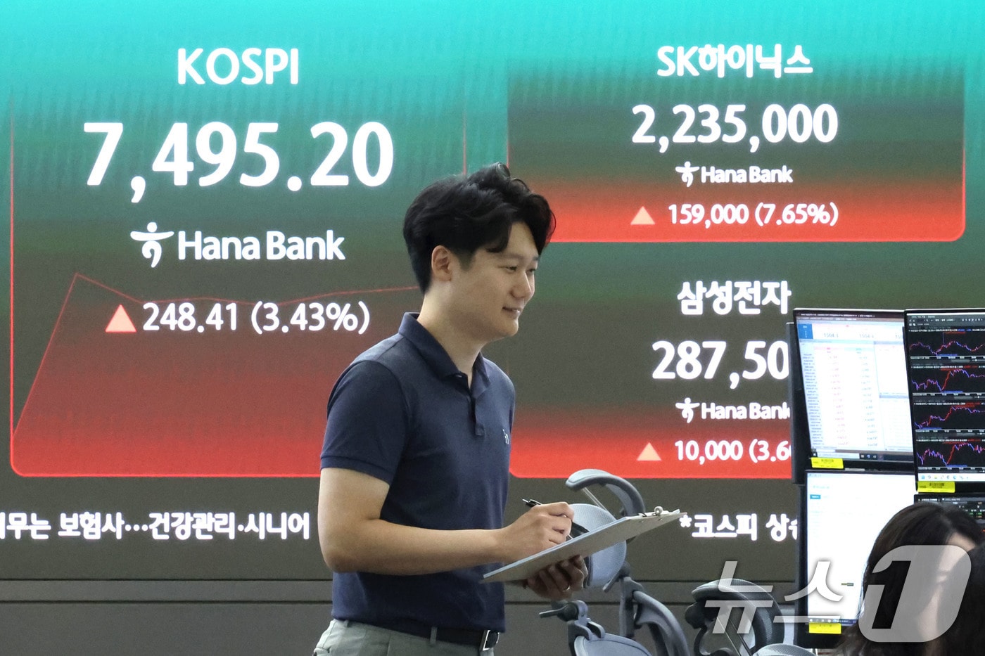 9일 오전 서울 중구 하나은행 본점 딜링룸 전광판에 SK하이닉스, 삼성전자 지수가 표시되고 있다. 하이닉스와 삼성전자의 상승에 힘입어 이날 코스피 지수는 전 거래일 대비 3.31% 오른 7486.64로 상승 출발했다. 2026.7.9 ⓒ 뉴스1 이종수 기자