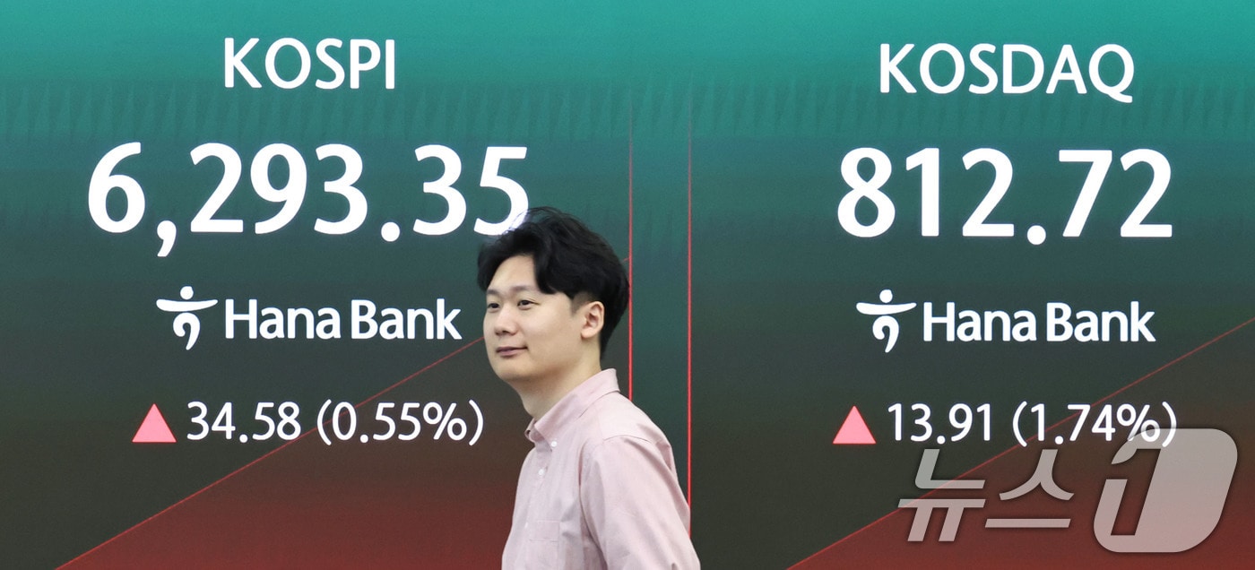 10일 오전 서울 중구 하나은행 딜링룸 전광판에 코스피 지수 등 시황이 표시되고 있다. 이날 코스피는 전 거래일 대비 47.56p(0.76%) 오른 6306.33으로 상승 출발했다. 2026.8.10 ⓒ 뉴스1 이종수 기자