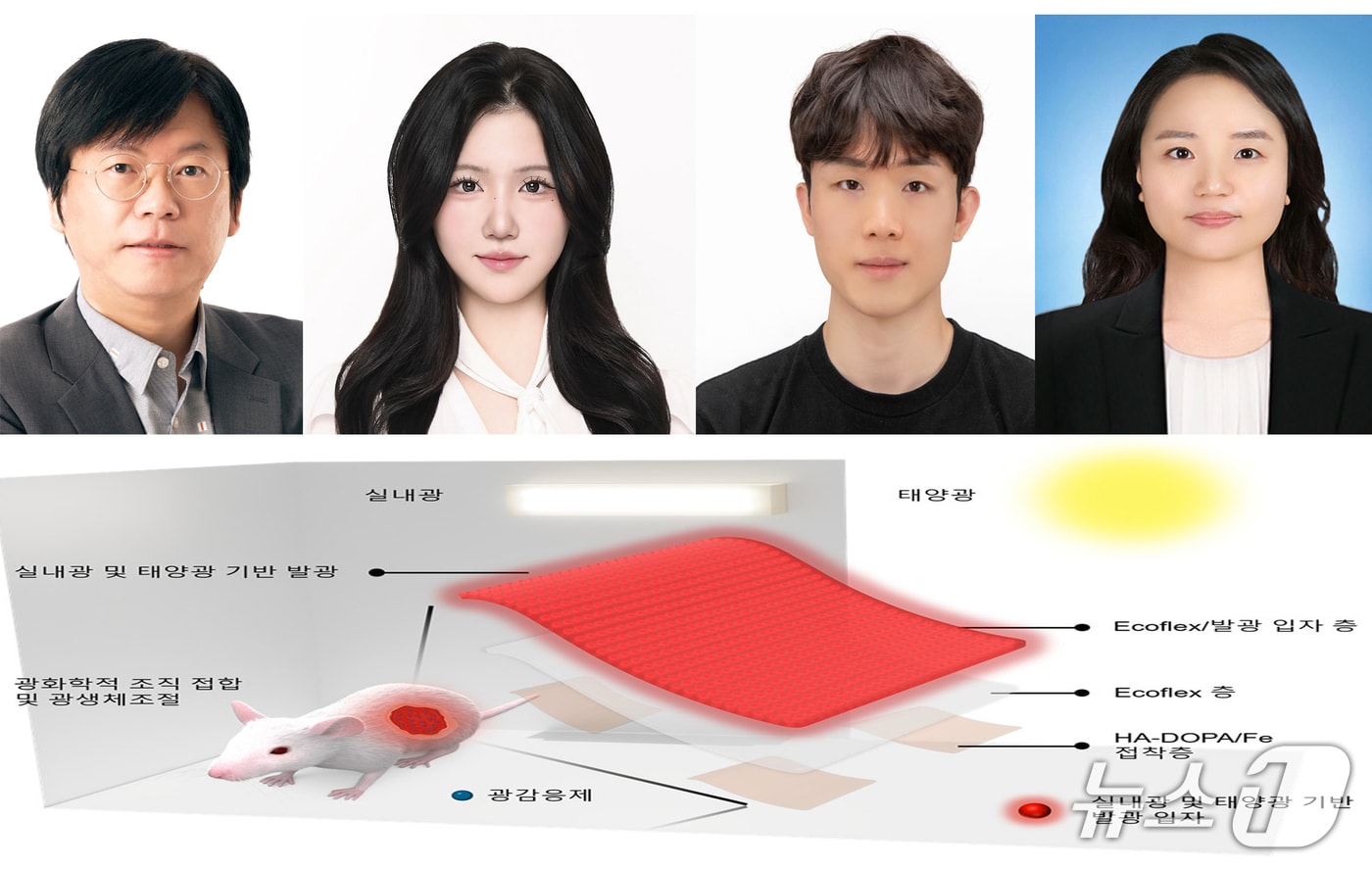 한세광 포스텍 신소재공학과 융합대학원 교수팀과 김혜민 건국대 교수가 배터리와 외부 전원없이 실내등이나 햇빛만으로 상처 봉합과 조직 재생을 돕는 착용형 광치료 패치 개발에 성공했다. 왼쪽부터 한세광 교수, 조경주 포스텍 신소재공학과 석사과정, 김성종 신소재공학과 박사, 감혜민 교수. (포스텍 제공, 재판매 및 DB금지) 2026.8.10/뉴스1