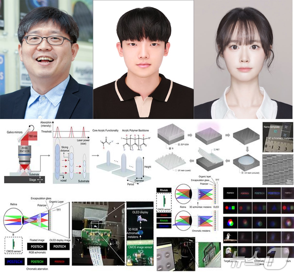 노준석 포스텍 기계·화학·전자전기공학과 융합대학원 교수 연구팀이 기존 AR·VR 기기보다 더 얇고 가벼운 메타렌즈를 개발했다. 왼쪽부터 노 교수, 전영선 기계공학과 통합과정, 박채리 기계공학과 통합과정.(포스텍 제공, 재판매 및 DB 금지) 2026.8.11뉴스1