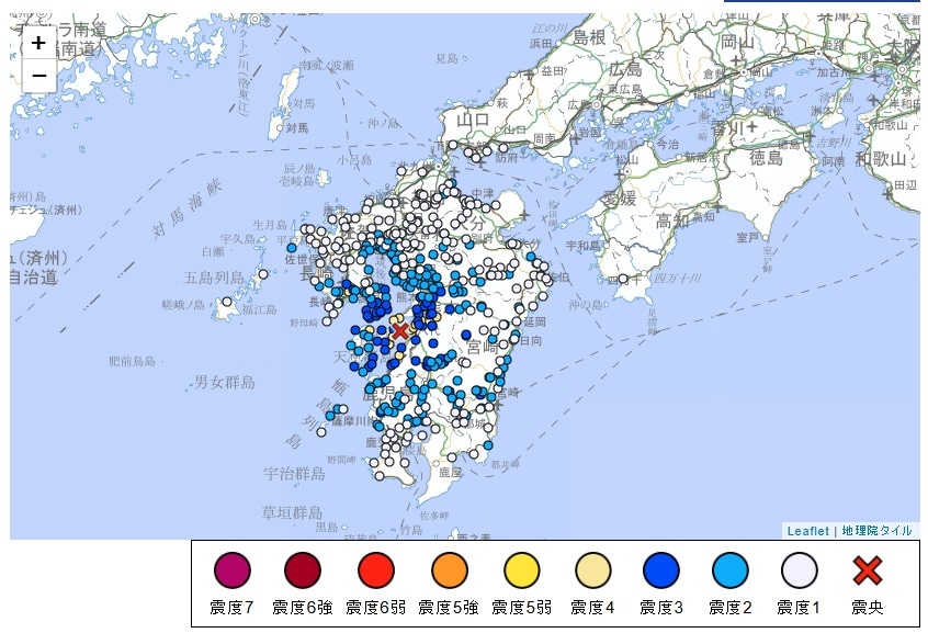 12일 오후 1시 5분쯤  일본 구마모토현 아마쿠사·아시키타 지방 인근 해역을을 진원으로 하는 규모 4.9의 지진이 발생했다. (일본 기상청 홈페이지 캡처)