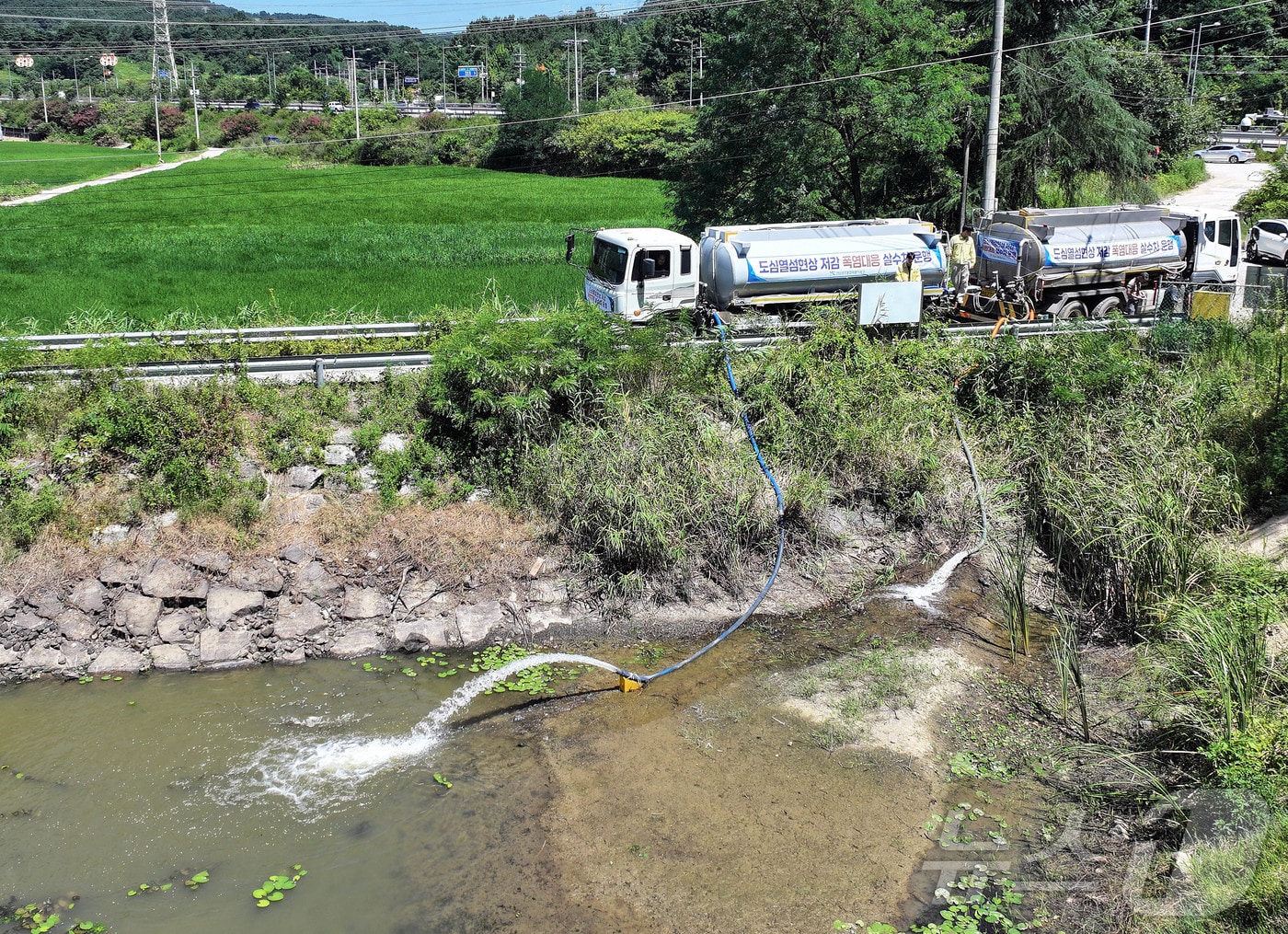 가뭄이 이어지고 있는 12일 전남광주통합특별시 북구청 시장산업과 도시농업팀 직원과 관계자들이 관내 저수율이 부족한 장등동 삼각저수지에서 살수차 4대를 이용해 총 64톤의 농업용수를 보충하고 있다.(전남광주 북구 제공. 재판매 및 DB 금지) 2026.8.12