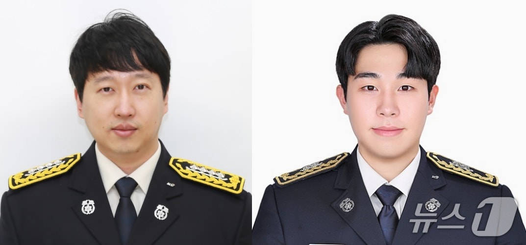 경남지역 가뭄 대응을 위해 급수 지원에 나선 부산소방대원들이 인근에서 발생한 화재를 발견하고 신속히 진압해 피해 확산을 막았다. 왼쪽부터 부산 사하소방서 소속 박영민 소방위, 정의철 소방교. (부산소방재난본부 제공. 재판매 및 DB금지)