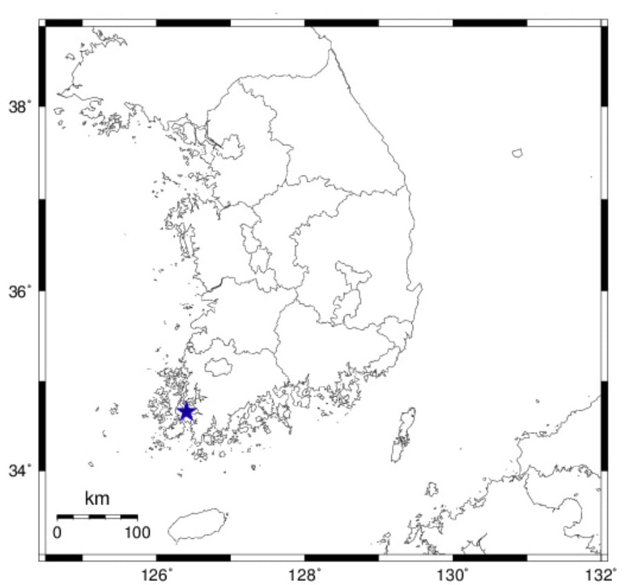 14일 오후 5시 43분 전남광주 해남군 서북서쪽 21㎞ 지역에서 규모 2.1의 지진이 발생했다.(기상청 제공)