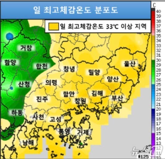 19일 오전 10시 기준 부산·경남 지역 일최고체감온도 분포도. 대부분 지역에서 33도를 넘어서고 있다. (기상청 제공. 재판매 및 DB금지)