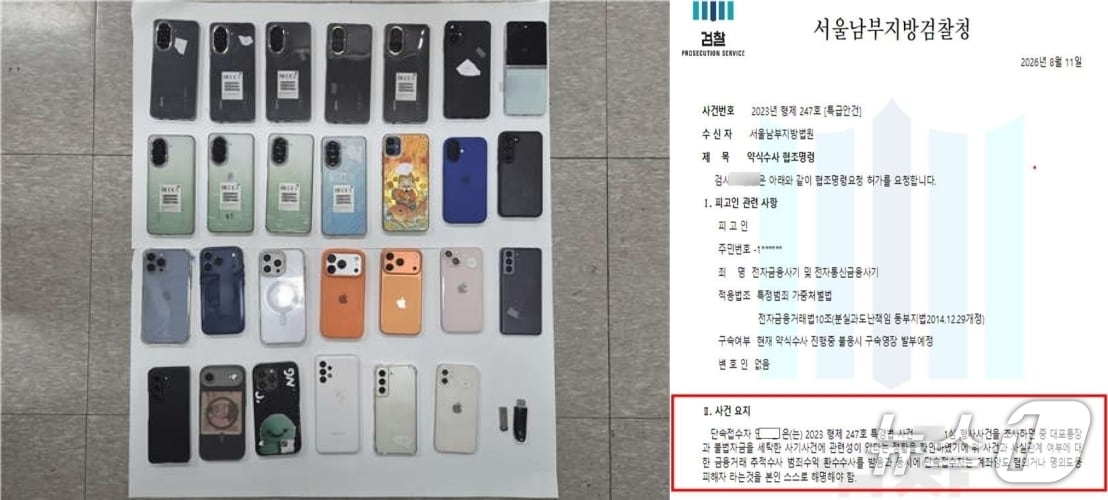 보이스피싱 범행에 사용된 위조 공문과 휴대 전화 등 현장 압수 물품. (부산경찰청 제공. 재판매 및 DB금지)