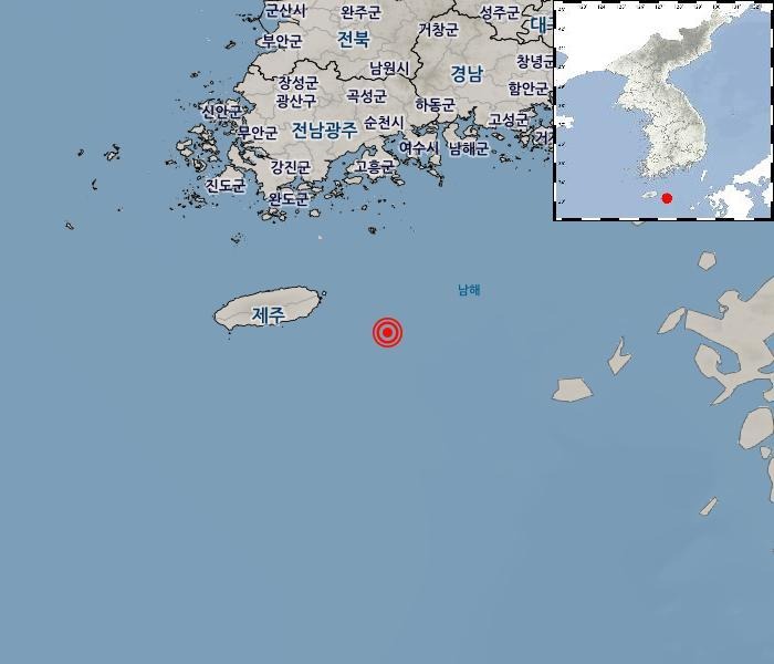 22일 오후 7시 9분쯤 제주 서귀포시 동쪽 79㎞ 해역에서 규모 2.7의 지진이 발생했다.(기상청 제공. 재판매 및 DB금지)