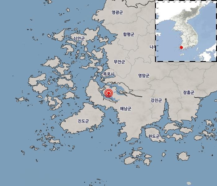 23일 오전 6시 43분쯤 전남 해남군 서북서쪽 21㎞ 지역에서 규모 3.1의 지진이 발생했다. (기상청 제공. 재판매 및 DB금지)