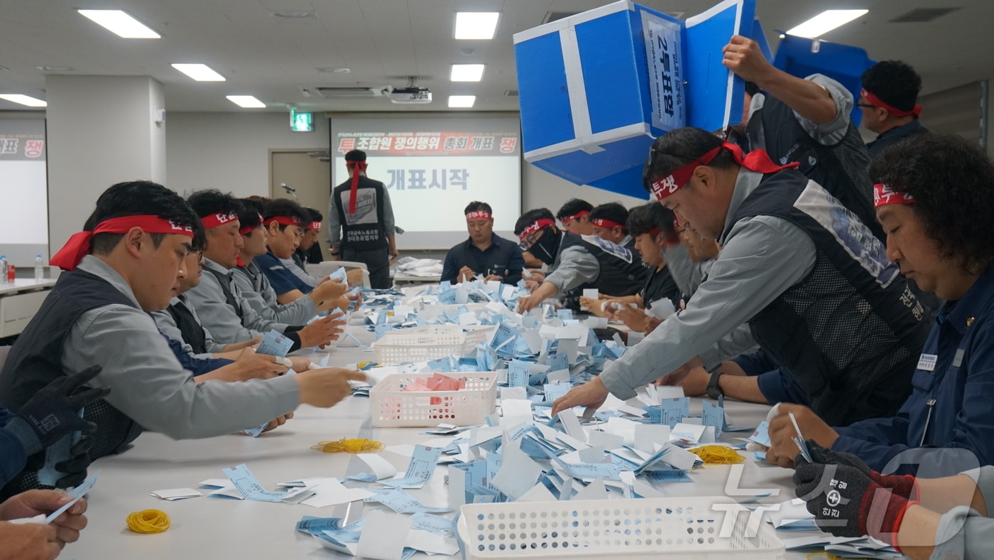 HD현대중공업 노조 관계자들이 27일 울산 사업장 안에서 올해 임단협 난항에 따른 조합원 파업 찬반투표 개표를 하고 있다. (HD현대중공업 노조 제공. 재판매 및 DB금지) 2026.8.27 ⓒ 뉴스1