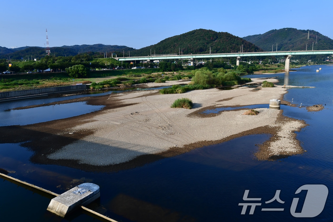 3일 오전 가뭄 장기화로 경북 포항시 남구 연일읍 형산강 상류 일부가 바닥을 드러냈다. 2026.8.3 ⓒ 뉴스1 최창호 기자