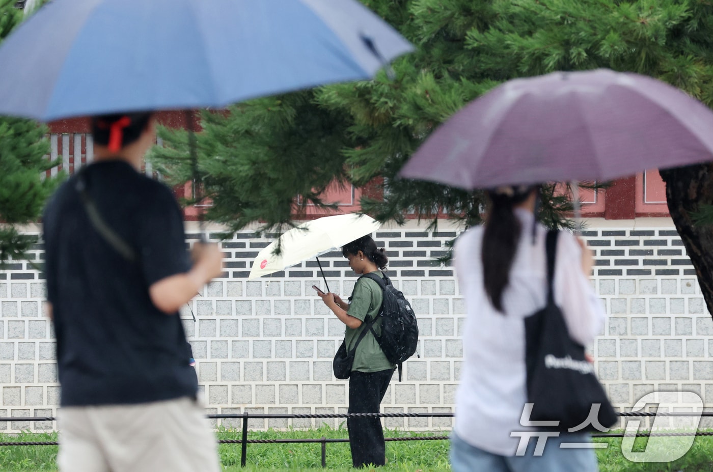 전국 대부분 지역에 비가 내린 31일 경기 수원시 팔달구 화성행궁에서 관광객들이 우산을 쓰고 이동하고 있다. 2026.8.31 ⓒ 뉴스1 김영운 기자