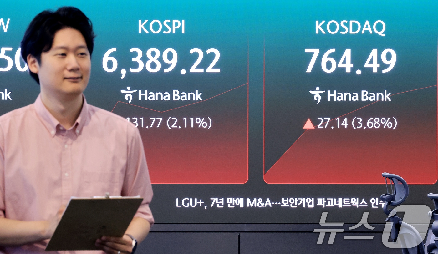 4일 서울 중구 하나은행 본점 딜링룸 전광판에 코스피 등 시황이 표시되고 있다. 이날 코스피는 전 거래일 대비 93.93p(1.50%) 오른 6351.38, 코스닥은 10.84p(1.47%) 상승한 748.19에 개장했다. 2026.8.4 ⓒ 뉴스1 이호윤 기자