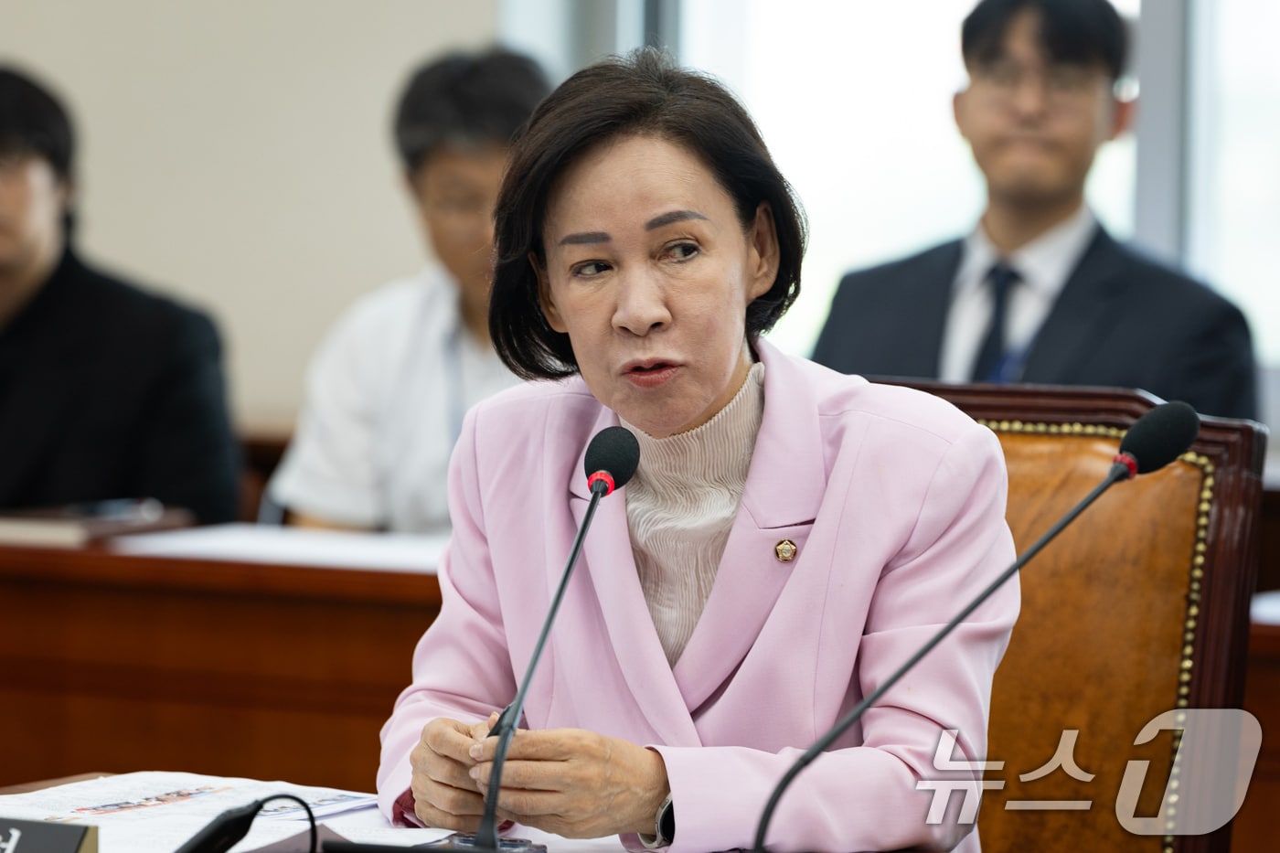 이인선 국민의힘 의원은 2일 영화 ‘암살자들’의 학교 단체관람 현황 자료 요구에 대한 일부 교원단체의 반발을 국정감사 방해라고 밝혔다. 2026.8.4 ⓒ 뉴스1 유승관 기자
