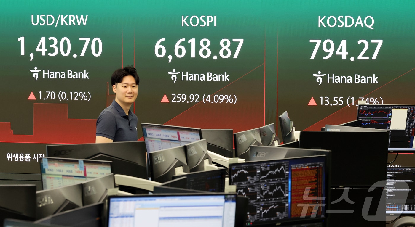 5일 서울 중구 하나은행 본점 딜링룸 전광판에 코스피 등 개장 시황이 표시되고 있다. 2026.8.5 ⓒ 뉴스1 김진환 기자