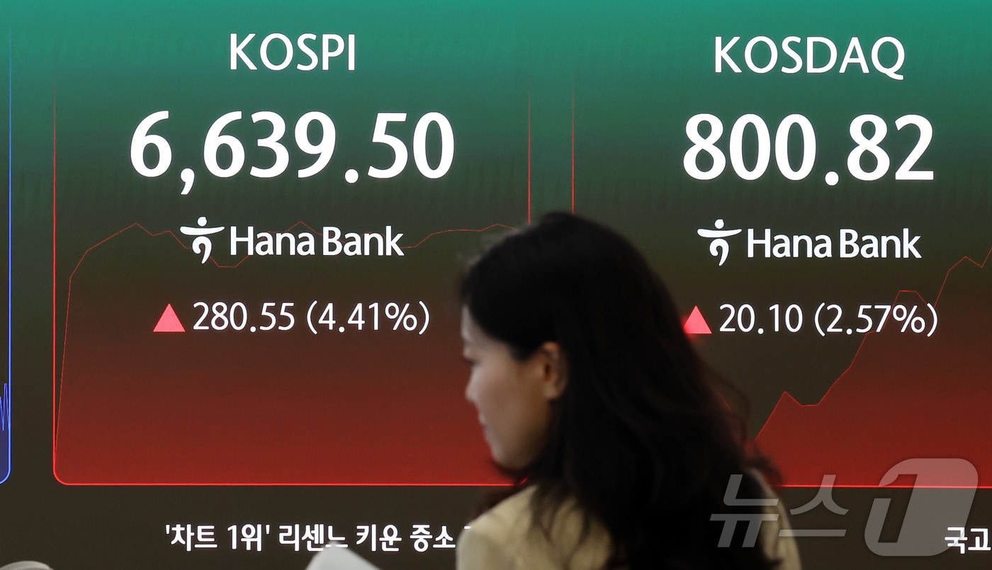 코스피가 급등하며 매수 사이드카가 발동된 5일 오전 서울 중구 하나은행 딜링룸 전광판에 코스피 등 시황이 표시되고 있다.2026.8.5 ⓒ 뉴스1 김진환 기자