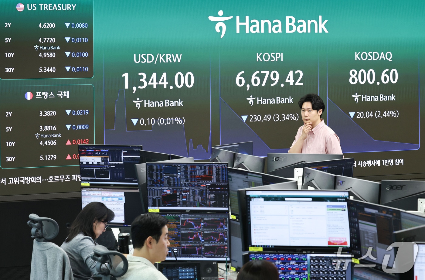 14일 오전 서울 중구 하나은행 딜링룸 전광판에 코스피 지수 등 시황이 표시되고 있다. 2026.9.14 ⓒ 뉴스1 이종수 기자