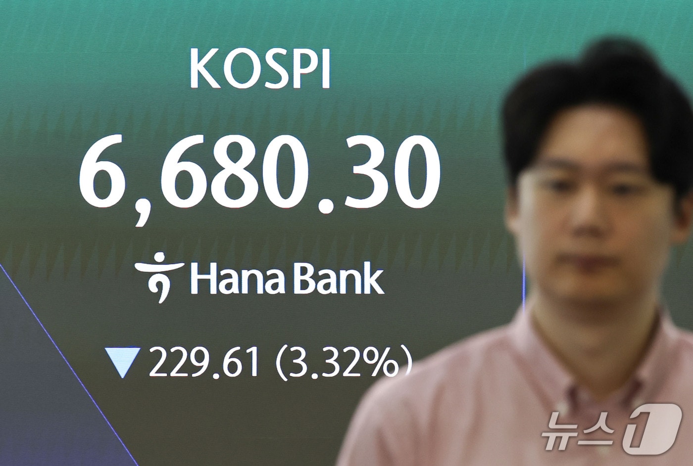 14일 오전 서울 중구 하나은행 딜링룸 전광판에 코스피 지수 등 시황이 표시되고 있다. 이날 코스피는 전 거래일 대비 217.30포인트(3.14%) 내린 6692.61로 하락 출발했다. ⓒ 뉴스1 이종수 기자