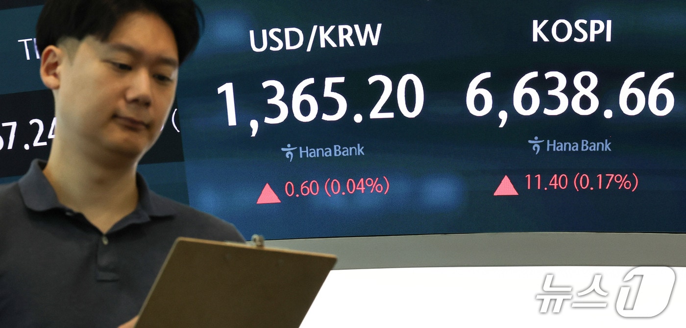 16일 오전 서울 중구 하나은행 딜링룸 전광판에 코스피 지수 등 시황이 표시되고 있다. 이날 코스피는 전 거래일 대비 16.02포인트(0.24%) 내린 6611.24에 하락 출발했다. 2026.9.16 ⓒ 뉴스1 이종수 기자