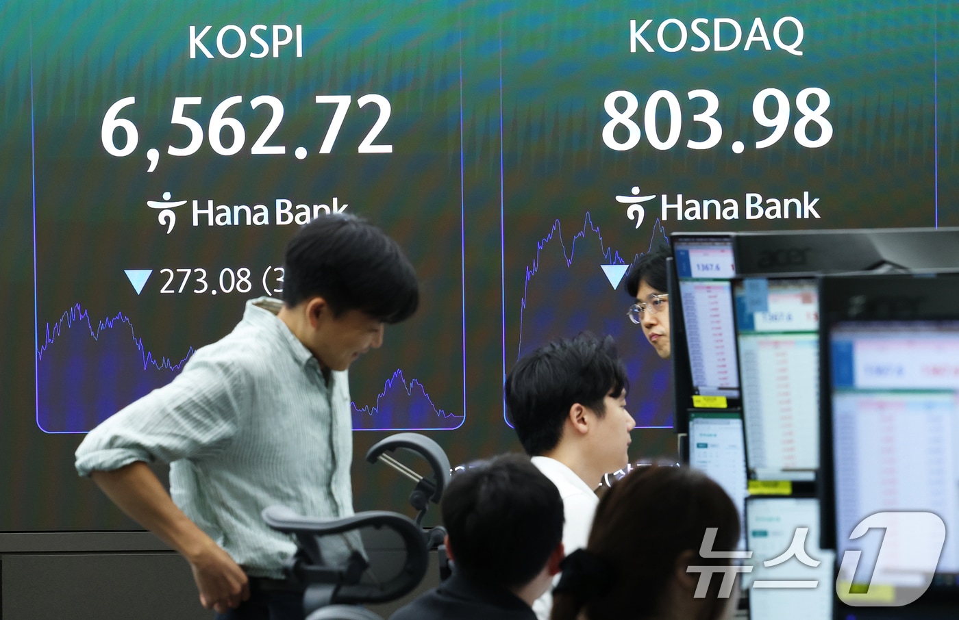 중동 전운 고조로 코스피가 사흘 만에 하락 전환한 2일 오후 서울 중구 하나은행 본점 딜링룸 전광판에 코스피 등 종가가 표시되고 있다.  2026.9.2 ⓒ 뉴스1 오대일 기자