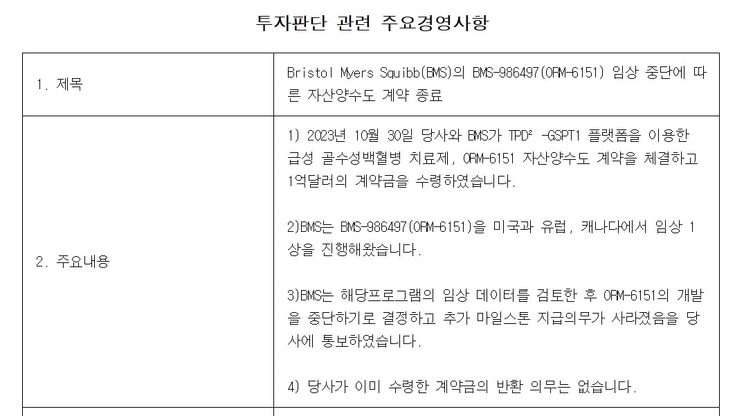 오름테라퓨틱 공시 화면 갈무리
