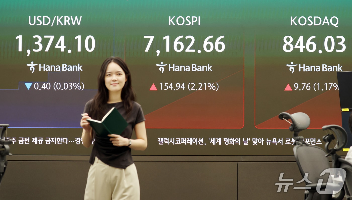 22일 오전 서울 중구 하나은행 딜링룸 전광판에 코스피 지수 등 시황이 표시되고 있다. 2026.9.22 ⓒ 뉴스1 김명섭 기자