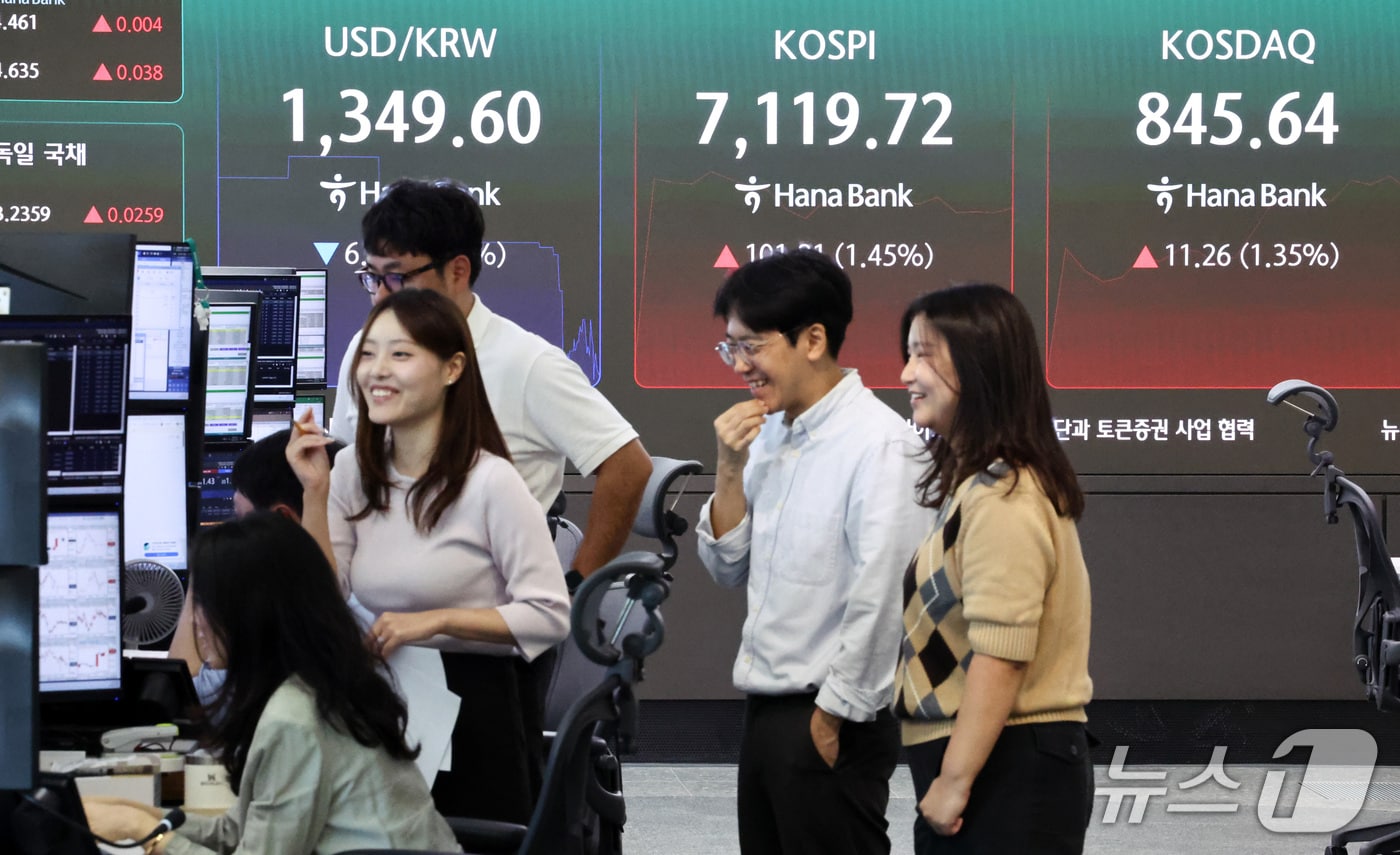 23일 오전 서울 중구 하나은행 본점 딜링룸 전광판에 증시 시황이 표시되어 있다. 2026.9.23 ⓒ 뉴스1 최지환 기자