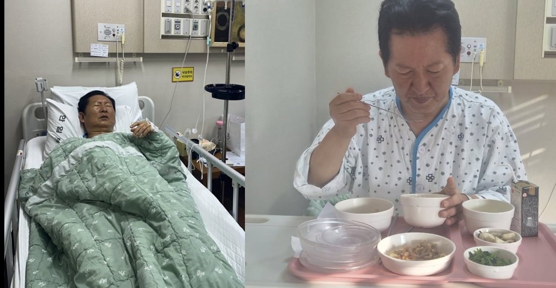 지난 16일 과로 누적으로 쓰러져 서울 도봉구 쌍문동의 모 병원에 입원(왼쪽)했던 정청래 전 더불어민주당 대표는 23일 아침, 입원 후 처음 죽을 입에 대는 등 회복세를 보임에 따라 퇴원했다. (SNS 갈무리. 재판매 및 DB 금지) ⓒ 뉴스1