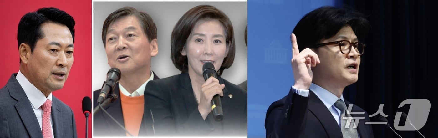 국민의힘 장동혁 대표, 안철수, 나경원 의원과 무소속 한동훈 의원(왼쪽부터) ⓒ 뉴스1 DB