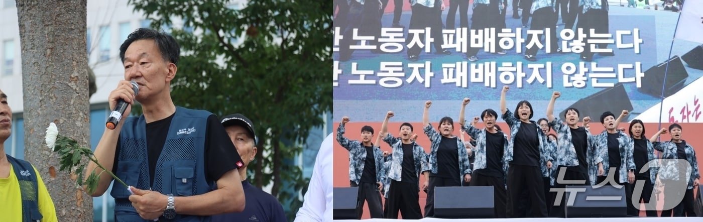 제35회 민주시민상 개인 부문 수상자로 선정된 손석주 영화숙·재생원피해생존자협의회 대표(왼쪽)와 단체 부문 수상자로 선정된 노동문예창작단 '가자'. (부산민주항쟁기념사업회 제공. 재판매 및 DB 금지)