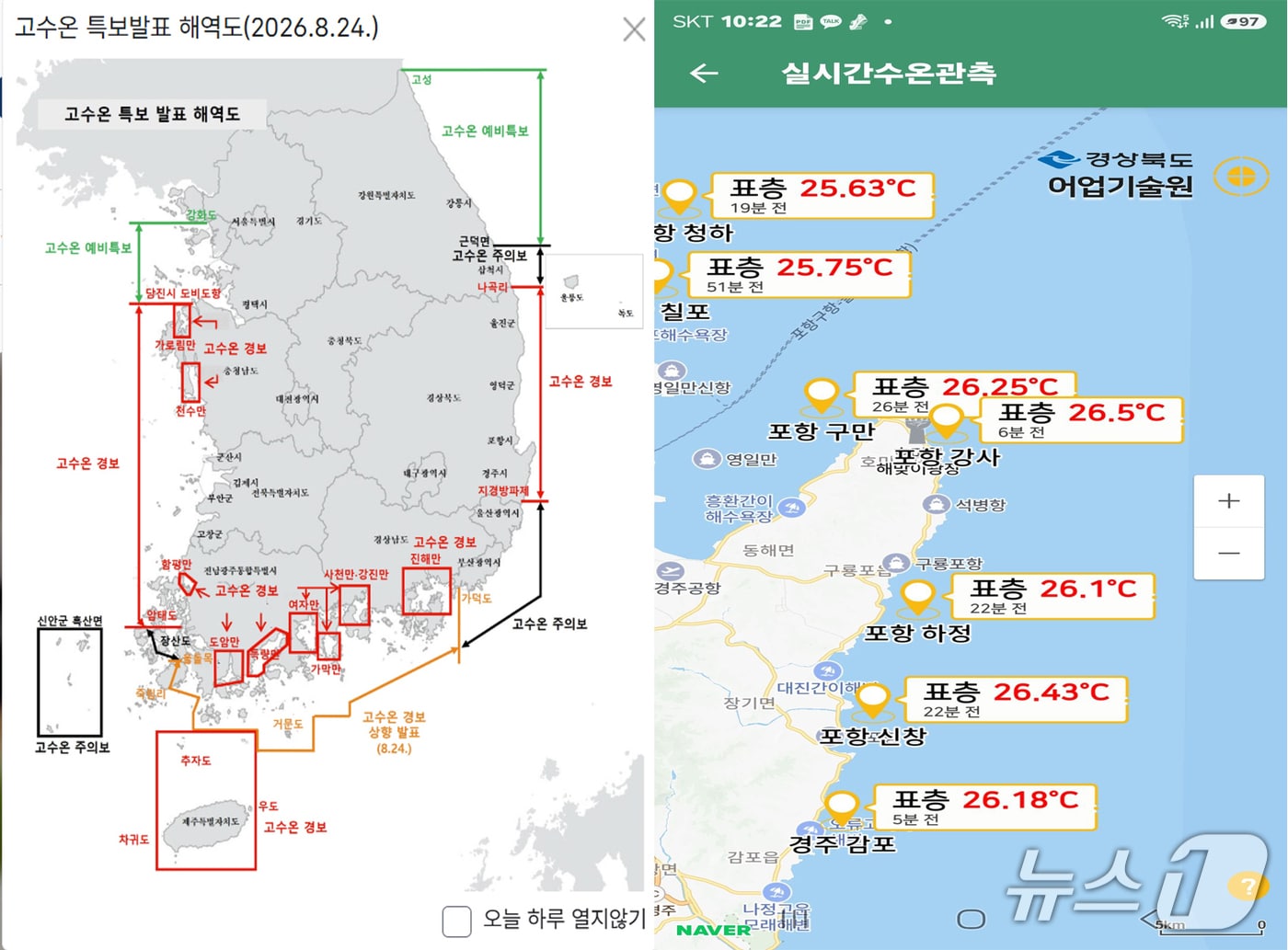 경북 동해안에 발령된 고수온 경보로 포항 육상 양식장에서 한 달 동안 260만 8000여 마리의 물고기가 폐사한 것으로 나타났다.(국립수산과학원, 경북도어업기술원 홈페이지 갈무리. 재판매 및 DB금지)