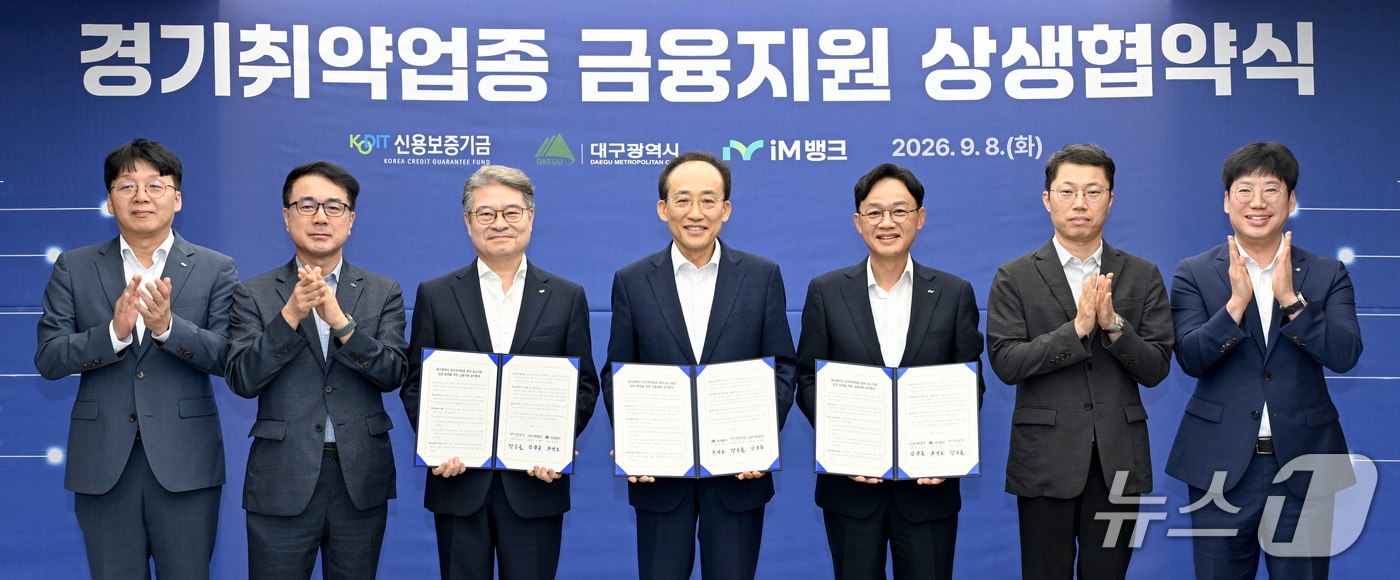 대구시는 8일 신용보증기금, iM뱅크와 '대구광역시 경기취약업종 영위 중소기업 성장 회복을 위한 금융지원 상생협약'을 체결했다고 밝혔다. (대구시 제공. 재판매 및 DB 금지) 2026.9.8/뉴스1